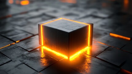 A single black cube with glowing orange edges sits on a black tiled surface.