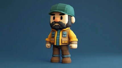 3d low poly character, short beard and green cap, wearing an adventure jacket
