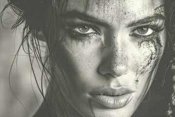 Obraz premium Young woman posing with makeup running down face