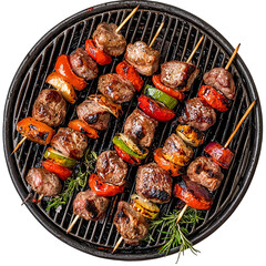 Skewers with meat and vegetables shashlik on a round grill isolated on transparent background, top view