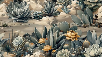 Vintage-inspired seamless wallpaper design featuring detailed illustrations of desert flora like cacti and succulents, set against a neutral, soft boho background, natural light, subtle shading,