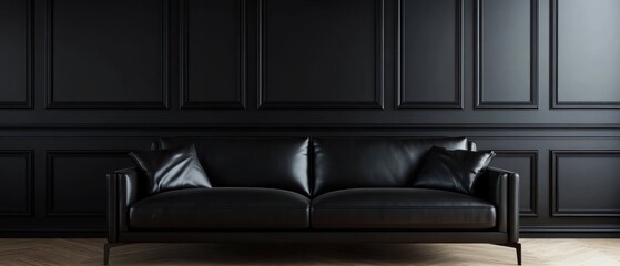 Black Leather Sofa Against a Paneled Wall