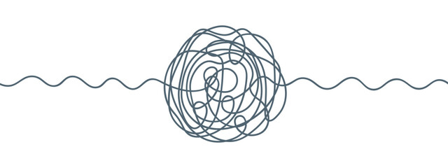Chaos. Tangled ball of green scribbles. Sketch. Ball of twisted loops with wavy ends on the sides. Vector illustration. Hand drawn circle with beginning and end. Sloppy lines drawn with green pen. 