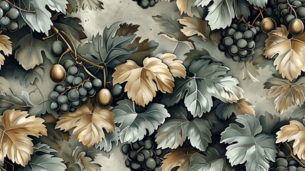 Vintage-inspired seamless wallpaper design featuring intricate illustrations of grapevines, olive branches, and figs, set against a muted, rustic background, hand-drawn details, natural light,