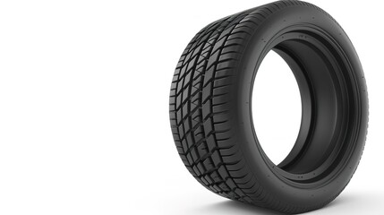 Photorealistic Car Tire on a White Background. Detailed and High-Resolution Close-Up of a Modern Vehicle Tire, Featuring Tread Patterns and Rubber Surface for Automotive and Transportation Use.