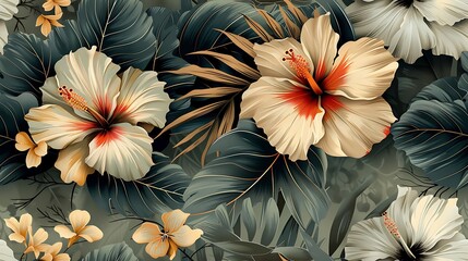Vintage-inspired seamless wallpaper design featuring intricate illustrations of hibiscus, bird of paradise, and orchids, set against a muted, soft background, hand-drawn details, natural light,