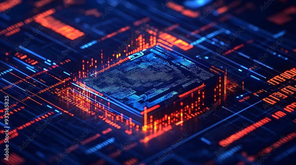 Poster abstract technology background with cpu chip and red blue lights
