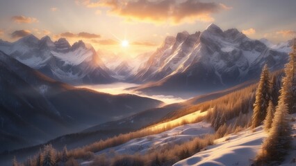 The first light of sunrise breaking over a mountain range, casting golden rays on the snow-capped peaks and illuminating the forested valleys below.-