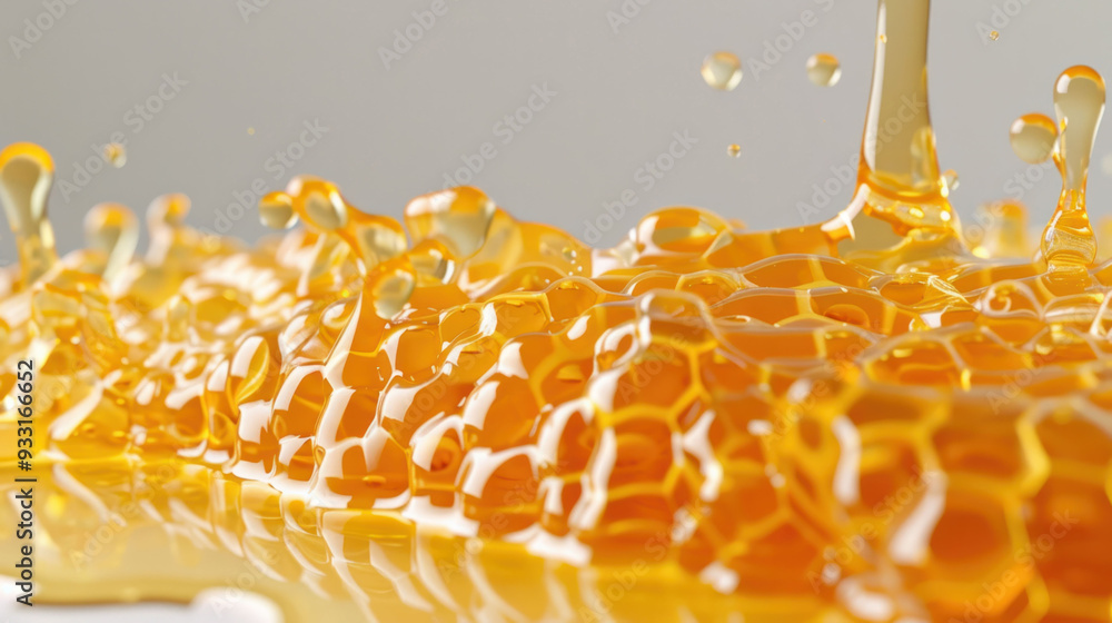 Poster Golden honey drips and splashes, creating vibrant and dynamic scene. texture is rich and inviting, evoking sense of sweetness and warmth. 