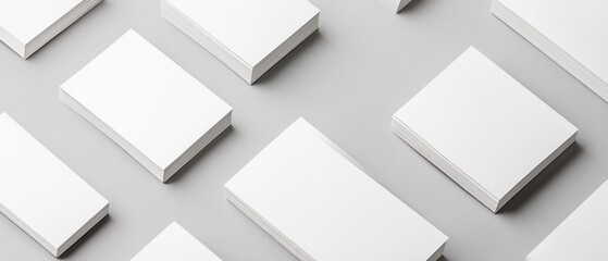 Stacks of Blank White Paper Cards on a Gray Background