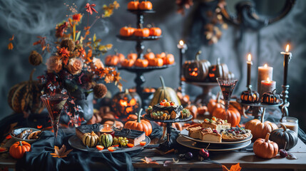 Halloween party table. Table with treats for Halloween party.