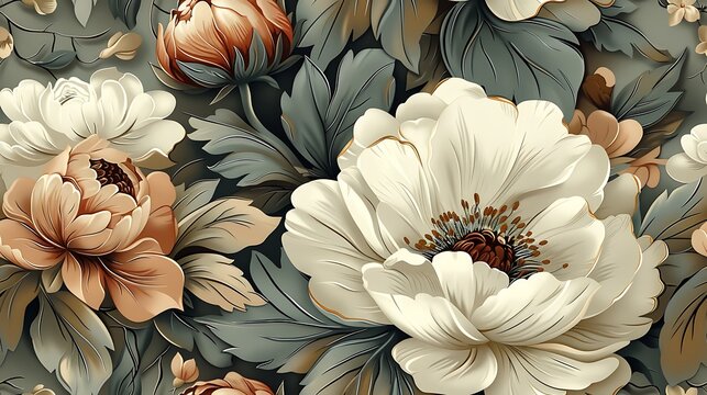 A continuous pattern of bohemian bouquet elements, including peonies, roses, and dahlias, designed for seamless wallpaper with a vintage flair, soft pastel tones, intricate details, hand-drawn style,