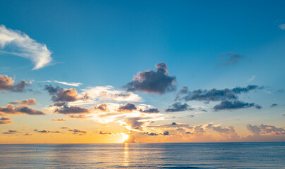 Dramatic sunset and cloudy sky. sea. Calm sea with cloudy sky through the clouds over. Sunset ocean and cloudy sky background. Tranquil seascape. Horizon over the sunset sea water. Calm cloudy sky.