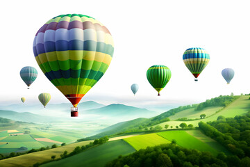 Obraz premium Photo Realistic as Colorful hot air balloons over a green valley concept as A picturesque scene with colorful hot air balloons floating over a lush green valley capturing the essence of celebration pe