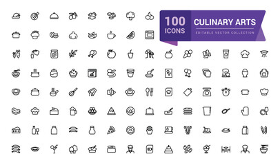 Culinary Arts and Cooking icon pack. Related to Frying, boiling, baking and ready to eat. Minimalist thin linear web ui icon set. Simple editable vector stroke illustration.
