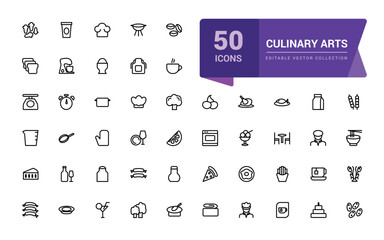 Culinary Arts and Cooking icon pack. Related to Frying, boiling, baking and ready to eat. Minimalist thin linear web ui icon set. Simple editable vector stroke illustration.