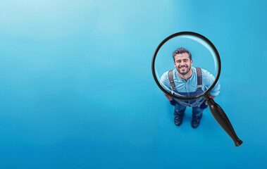 a man in work clothes seen from above through a magnifying glass - blue background - job search concept