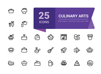 Culinary Arts and Cooking icon pack. Related to Frying, boiling, baking and ready to eat. Minimalist thin linear web ui icon set. Simple editable vector stroke illustration.
