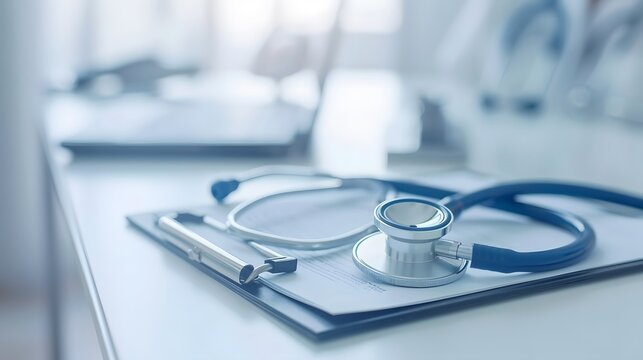 Stethoscope and clip board on the doctor workplace close up. 
