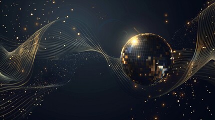 Black disco ball with golden accents on a dark background, ideal for elegant event promotions.