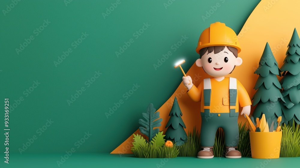 Poster enchanting cartoon character with magic wand restoring nature | with copy space and selective focus 