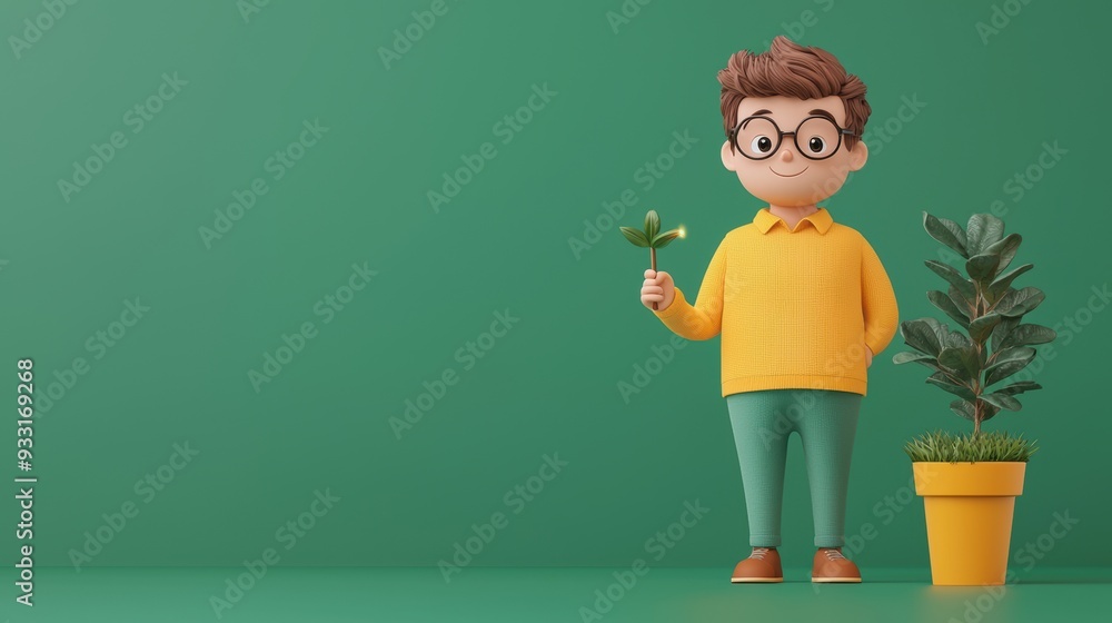 Poster eco-friendly cartoon character using magic wand to restore nature - selective focus with copy space 