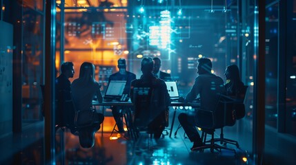 Teamwork, computer and business people at night meeting for planning, online networking and internet. Office, creative startup and men and women on digital tech for research, website and discussion 