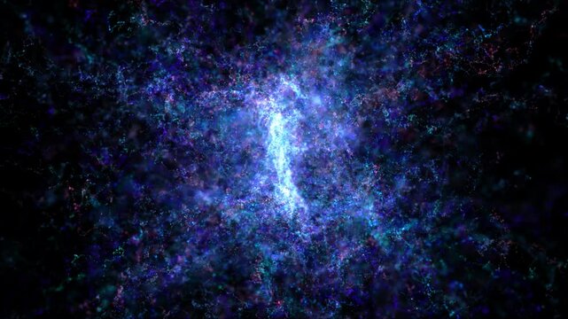 Motion of blue nebula-like cloud of glowing particles on dark space background. Abstract concept of new galaxy birth, artificial intelligence in space exploration. 4K looped video of particles dust