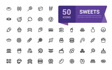 Sweet and pastry icons set. Pixel perfect, minimalistic web and UI icon. Outline icon collections. Editable vector illustration.