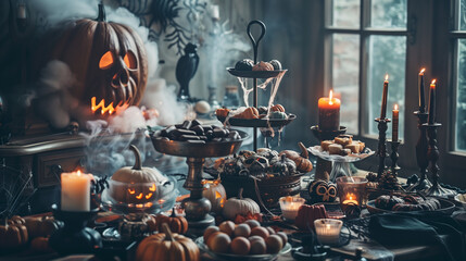 Halloween party table. Table with treats for Halloween party.