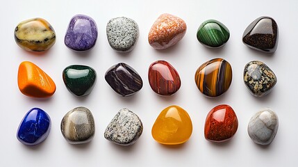 A vibrant collection of polished stones showcasing various colors and textures, perfect for art or nature enthusiasts.