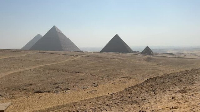 panorama pyramids of giza in the summer with blue sky, 4k