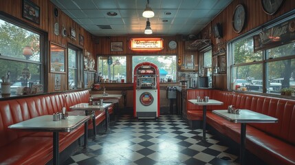 Retro Diner Interior with Red Booths and Checkered Floor