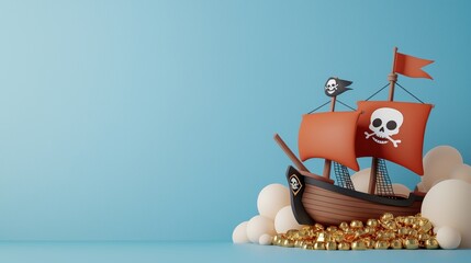 Fantasy Pirate Ship Adventure - Cartoon of Pirate Ship Sailing in Treasure-Filled Sea with Copy Space, Selective Focus -
