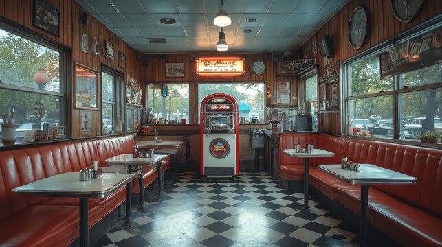 Retro Diner Interior with Red Booths and Checkered Floor
