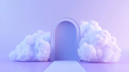 A 3D render of a cloud floating in a light purple background, with a minimalistic cyan arch door in the center.