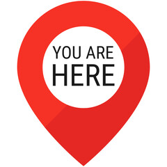 Red location point with text "You are here". Location map icon on transparent background. Location pin for apps, UI and web design