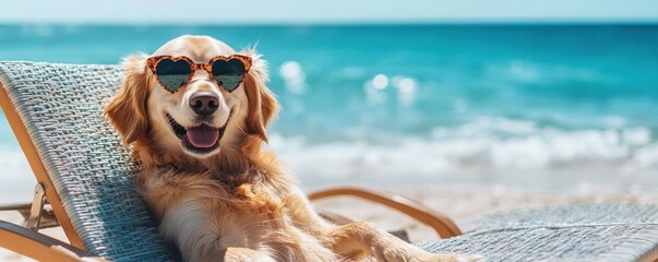 Golden retriever dog relaxing at the beach and sunglasses,resting on beach chair at the pet friendly sea beach,summer vacation holidays,Tourist journey trip concept.