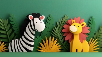 Fototapeta premium Vibrant Cartoon Safari Jungle with Playful Animals - for Copy Space Text, Selective Focus Foreground