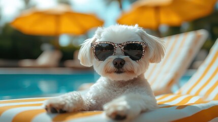 Adorable puppy white maltese dog with sunglasses,swimming pool,resting on beach chair at the pet friendly sea beach,summer vacation holidays,Tourist journey trip concept.