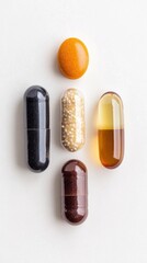 Assorted pills and capsules are neatly arranged on a white surface for health-related discussions and dietary supplements