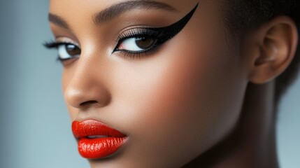 Naklejka premium A close-up beauty portrait featuring bold graphic eyeliner, creating a dramatic and fashionable look.