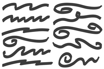 Vector underline swooshes. Swash strokes and swirl lines. Curly hand drawn black squiggles. Doodle curve ink brush flourish. Wavy scroll on white background.