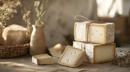 A contemporary, sustainable packaging design for artisanal cheeses, using a wax-coated, recyclable cardboard with a unique, custom-cut window and natural twine, set in a softly lit, rustic backdrop,