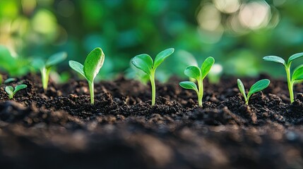 A close-up of vibrant green seedlings sprouting from rich, dark soil, representing new beginnings and growth.