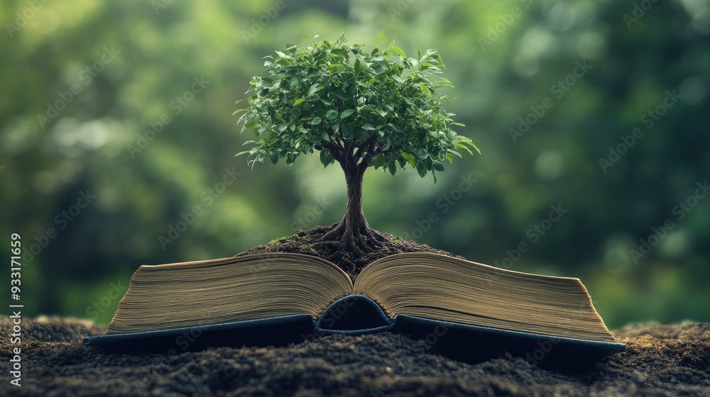 Poster a creative depiction of a tree sprouting from a book, representing the growth of knowledge and the p