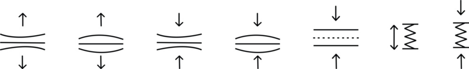 Compress icon set. Pressure and shrink vector symbol. Elastic and flexible sign. Shock reduction icons. Shrink and push sign. vector flexible symbols element, isolated on transparent background.