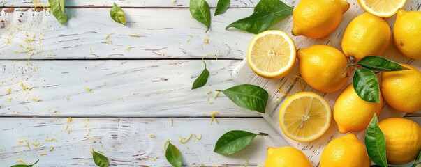 Fresh lemons and leaves on a white rustic table, emphasizing natural simplicity.