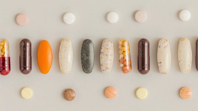 Various capsules and pills arranged neatly in rows, displaying a spectrum of colors and sizes with a plain background