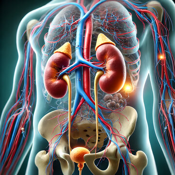 3D process of a kidney transplant, showing the newly implanted kidney connected to the recipient's blood vessels and urinary system. highlight the surgical connection points and blood flow.